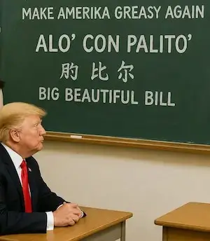 Satirical classroom image of a blond politician seated at a desk facing a chalkboard that reads “Make Amerika Greasy Again,” “Alo’ con Palito’,” Chinese characters, and “Big Beautiful Bill.