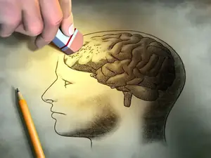 Illustration of a pencil-sketched human head with a visible brain being erased by a hand holding an eraser, with a pencil nearby.