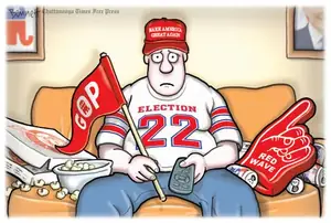 Cartoon-style illustration of a frightened man in a red MASA cap and black T-shirt running barefoot from an angry syringe character on a beige background.