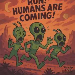 Retro cartoon-style poster of three frightened green aliens running across a desert landscape, with the text ‘Run! Humans are coming!’ overhead.
