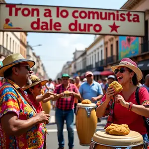 A lively Miami street celebration with Cubans in colorful clothing, dancing and playing congas on Calle 8 beneath a Cuban banner reading, “Tronó a lo comunista, dale duro.